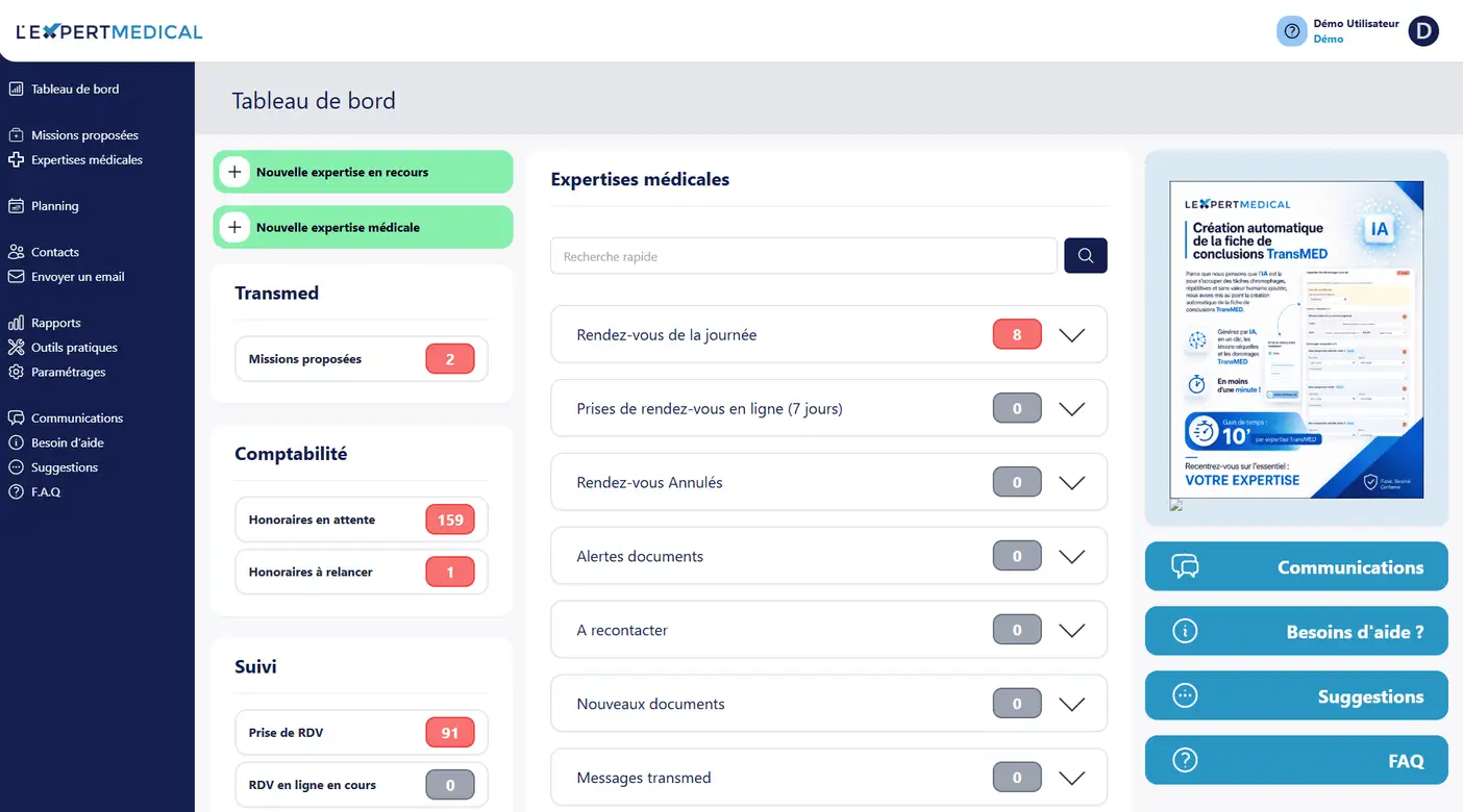 Interface LEXPERTMEDICAL – tableau de bord de gestion d'expertise médicale